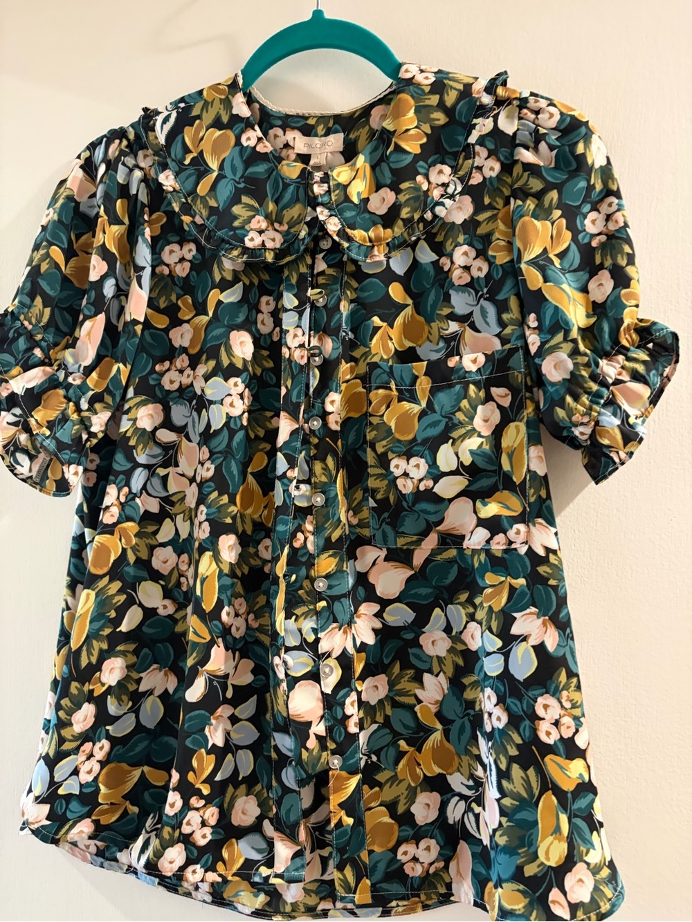 Anthropology floral Button-Front Top in Teal & Mustard